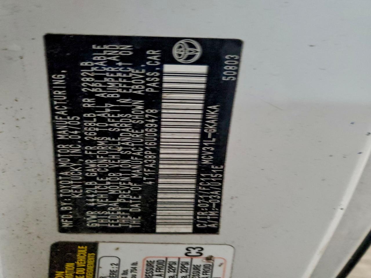 2006 Toyota Camry Solara Se VIN: 4T1FA38P16U069478 Lot: 92940495