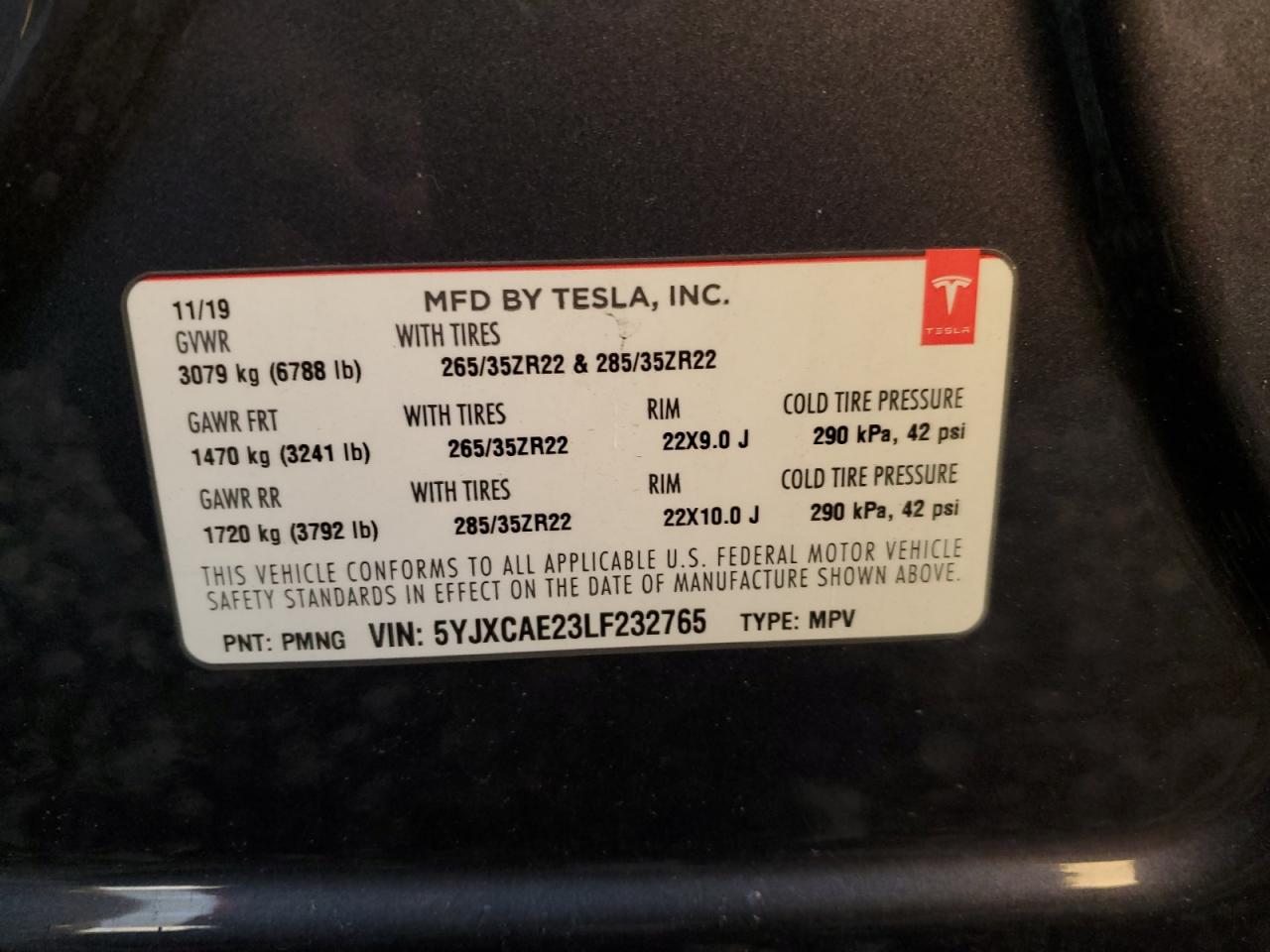 2020 Tesla Model X VIN: 5YJXCAE23LF232765 Lot: 93510165