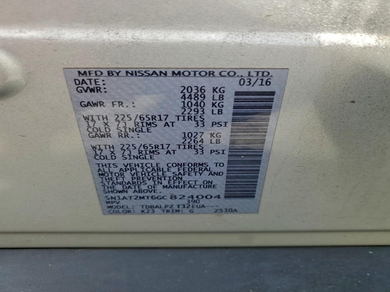 2016 Nissan Rogue S VIN: 5N1AT2MT6GC824004 Lot: 94048505