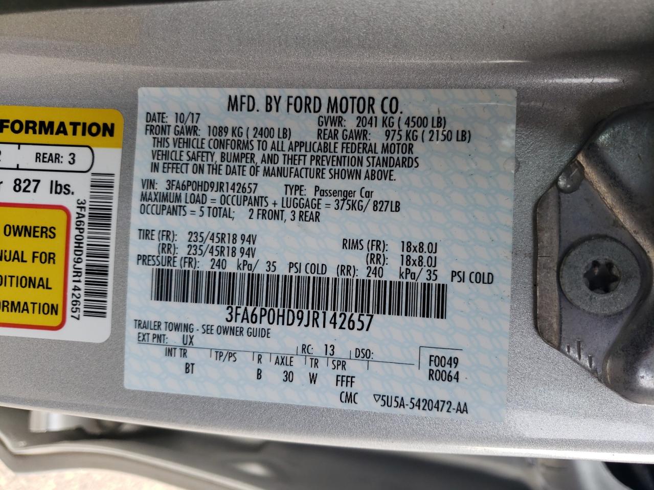 2018 Ford Fusion Se VIN: 3FA6P0HD9JR142657 Lot: 93688795