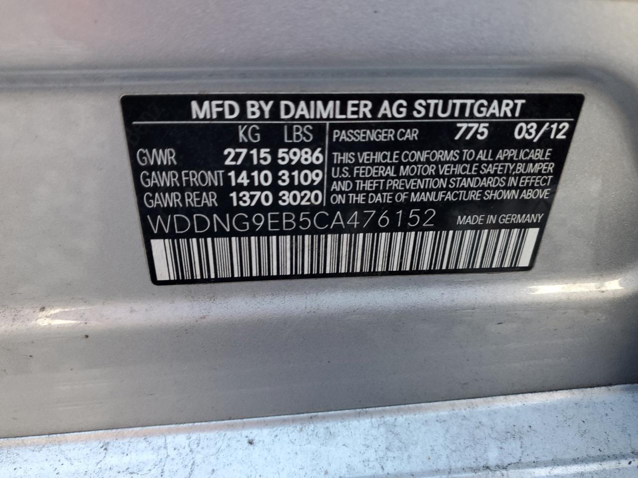 2012 Mercedes-Benz S 550 4Matic VIN: WDDNG9EB5CA476152 Lot: 93418285