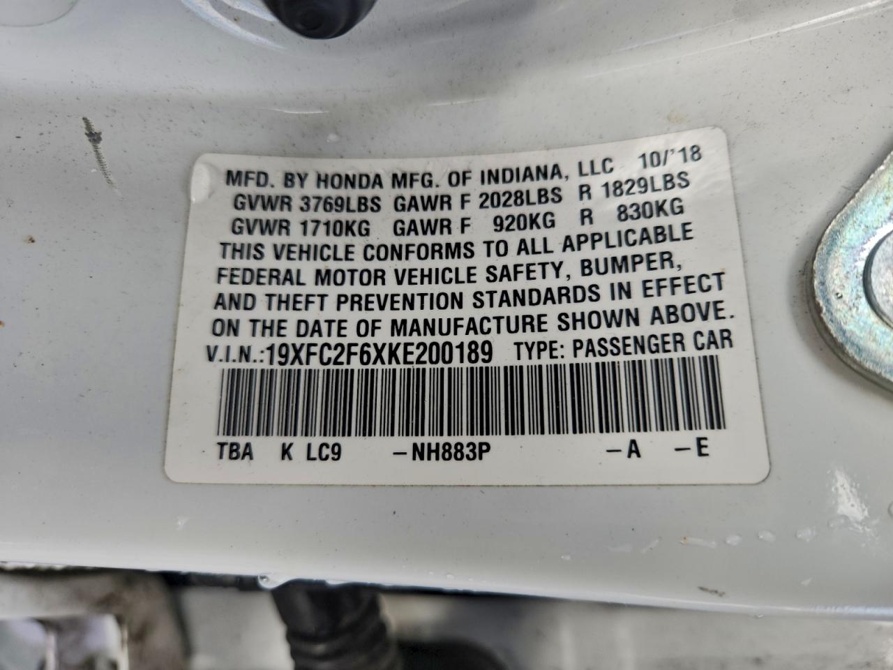 2019 Honda Civic Lx VIN: 19XFC2F6XKE200189 Lot: 94278715