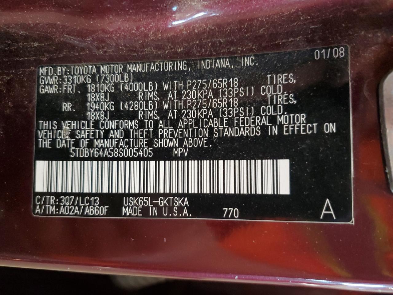 2008 Toyota Sequoia Sr5 VIN: 5TDBY64A58S005405 Lot: 92986375