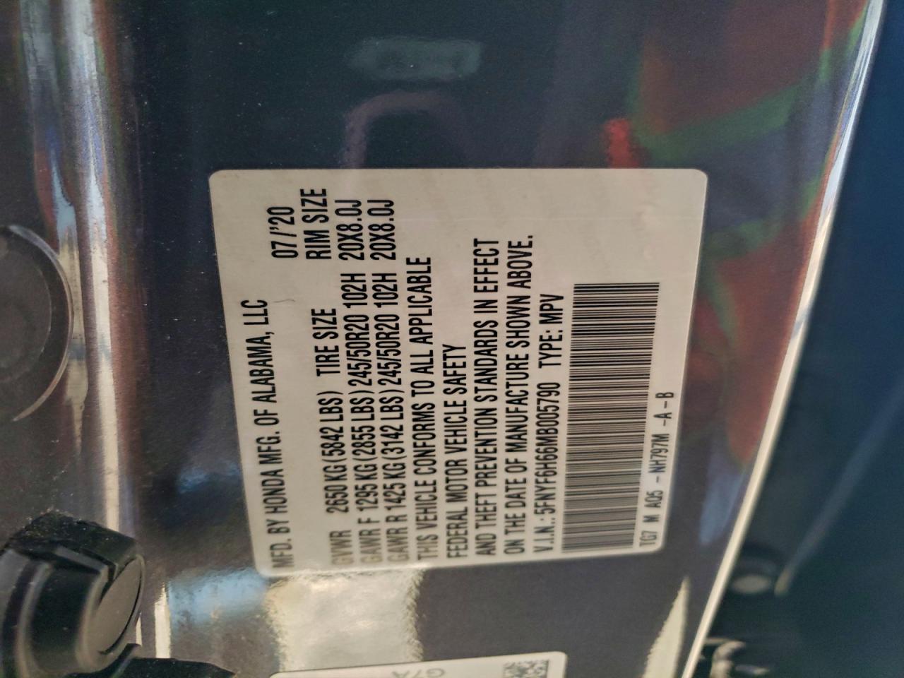 2021 Honda Pilot Touring VIN: 5FNYF6H66MB005790 Lot: 94036465