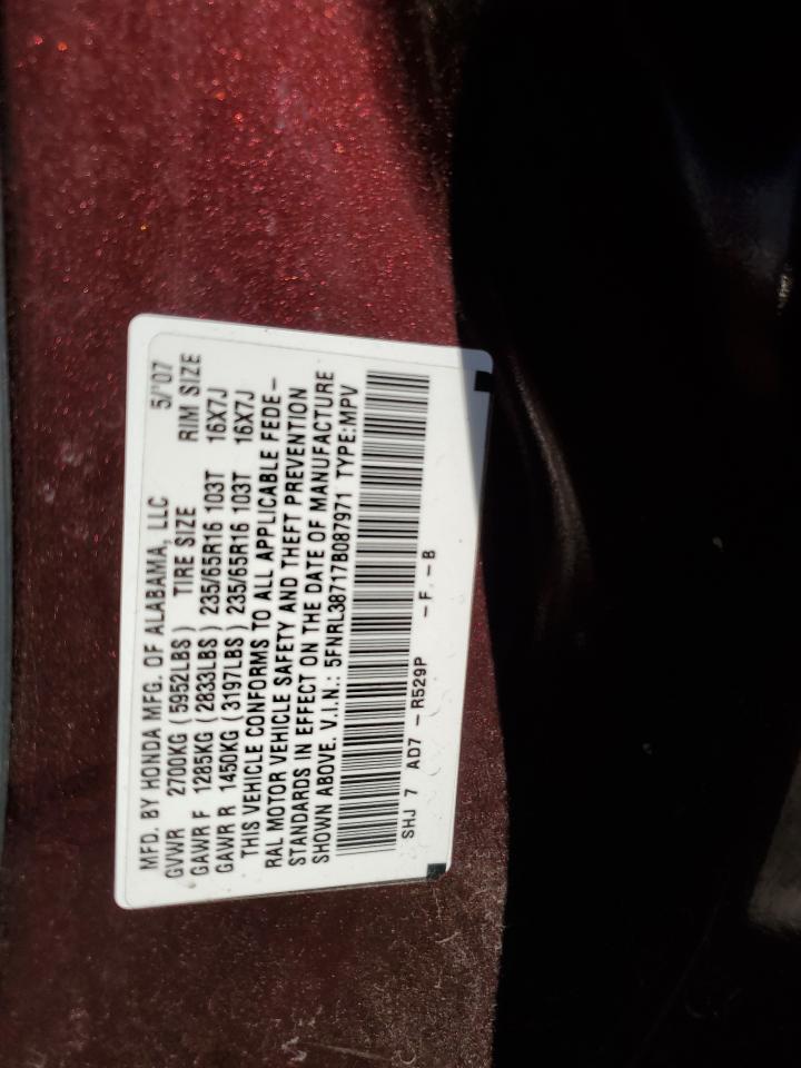 2007 Honda Odyssey Exl VIN: 5FNRL38717B087971 Lot: 91221815