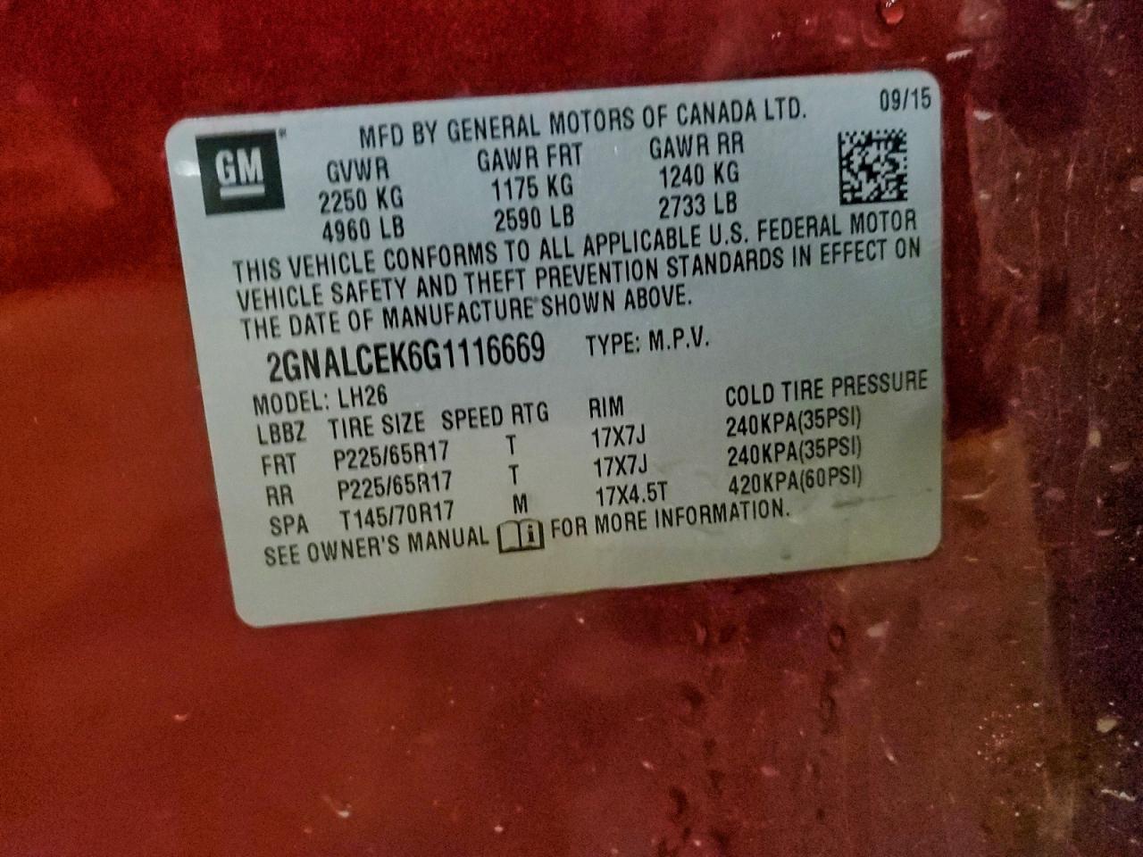 2016 Chevrolet Equinox Lt VIN: 2GNALCEK6G1116669 Lot: 94041385