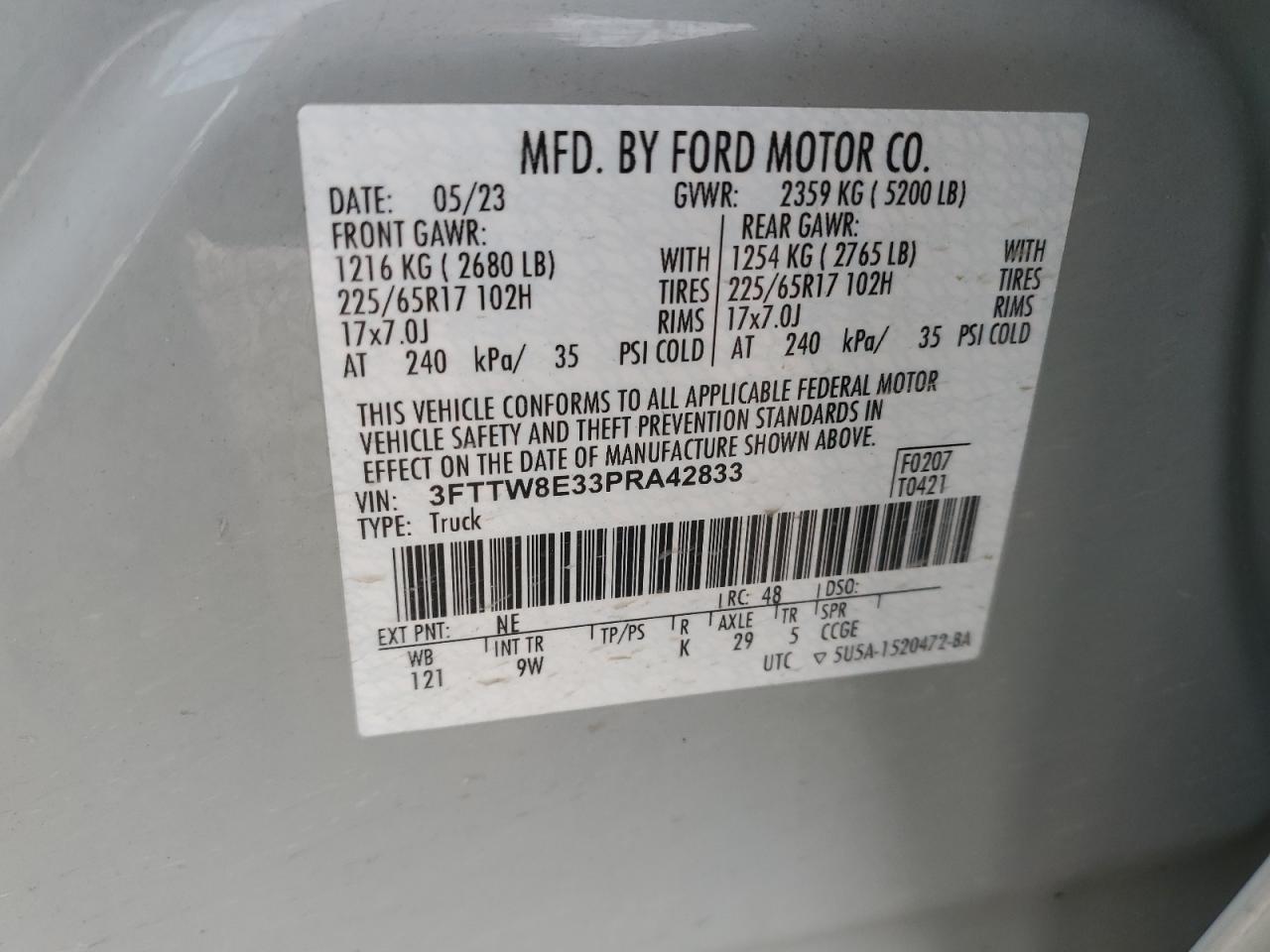 2023 Ford Maverick Xl VIN: 3FTTW8E33PRA42833 Lot: 92684605