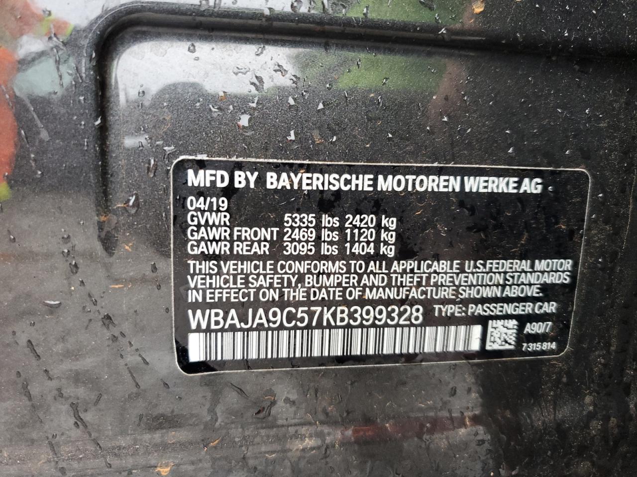 2019 BMW 530E VIN: WBAJA9C57KB399328 Lot: 91553785