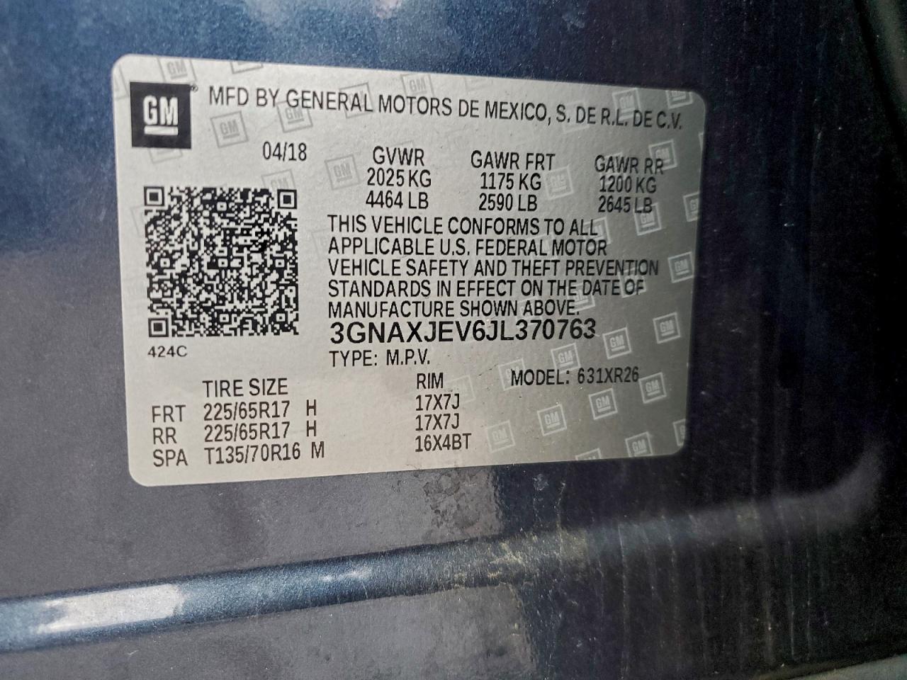 2018 Chevrolet Equinox Lt VIN: 3GNAXJEV6JL370763 Lot: 93991445