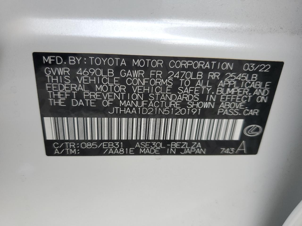 2022 Lexus Is 300 VIN: JTHAA1D21N5120191 Lot: 92435845