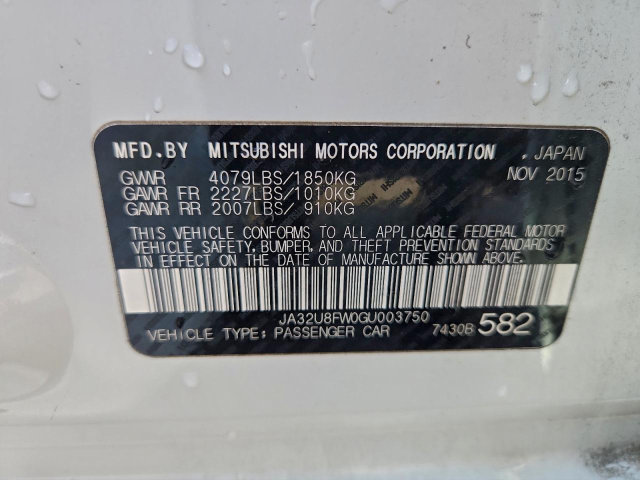 2016 Mitsubishi Lancer Gt VIN: JA32U8FW0GU003750 Lot: 94436645