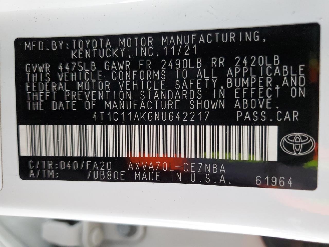 2022 Toyota Camry Le VIN: 4T1C11AK6NU642217 Lot: 91449675