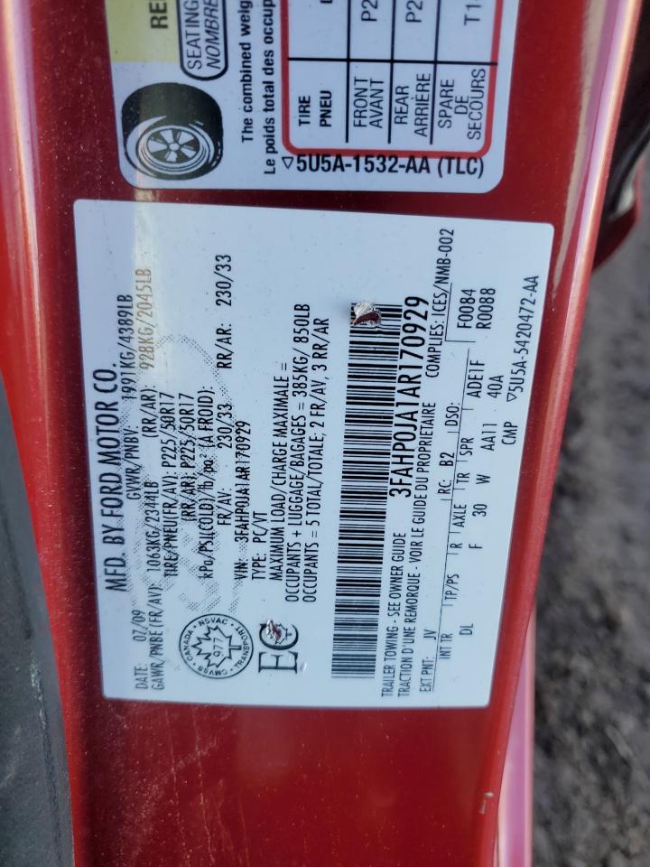 2010 Ford Fusion Sel VIN: 3FAHP0JA1AR170929 Lot: 89860285