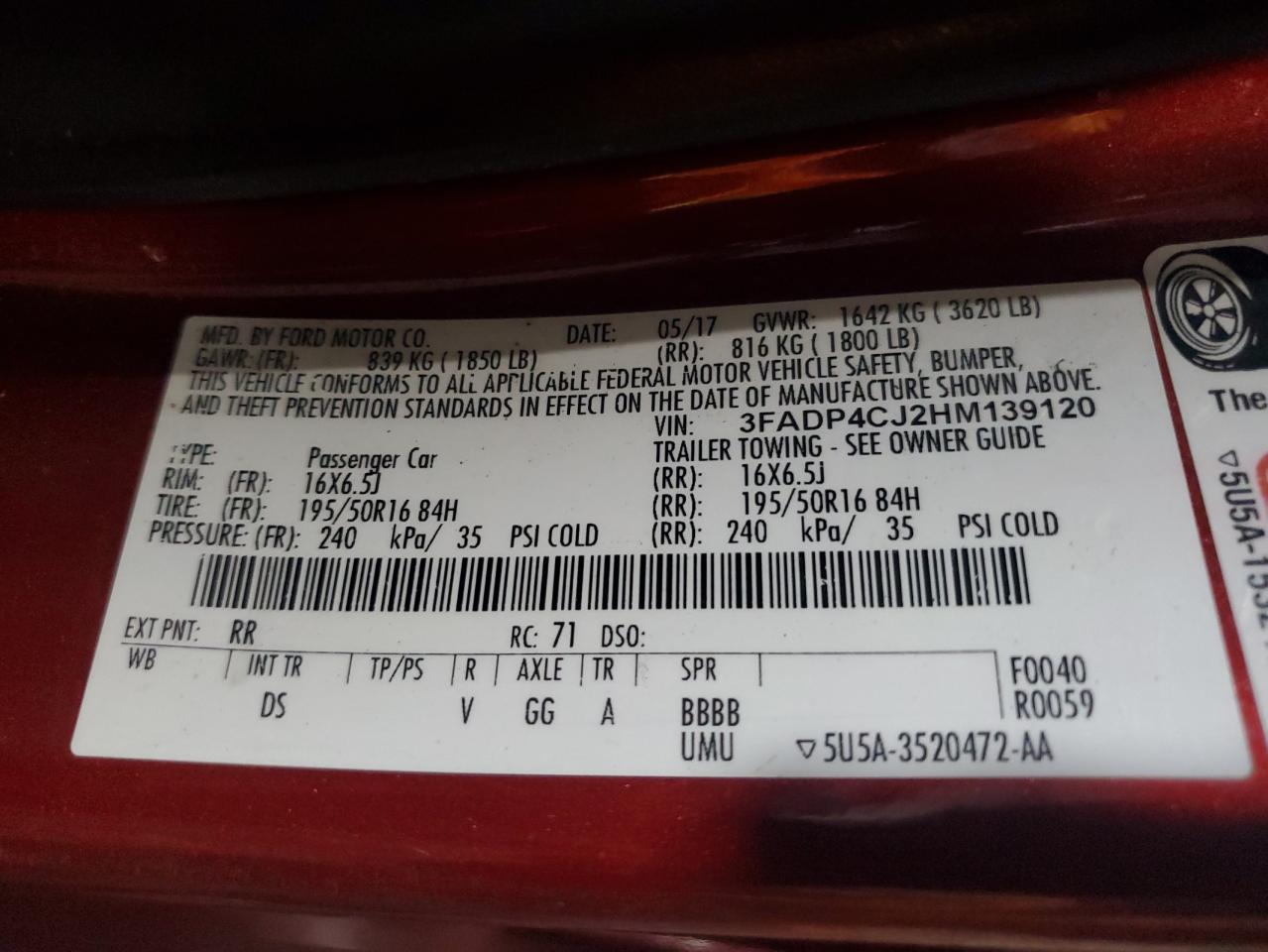 2017 Ford Fiesta Titanium VIN: 3FADP4CJ2HM139120 Lot: 92198845