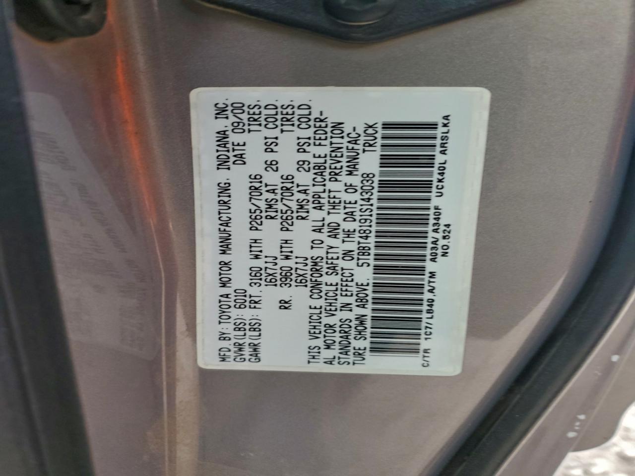 2001 Toyota Tundra Access Cab Limited VIN: 5TBBT48191S143038 Lot: 92664595