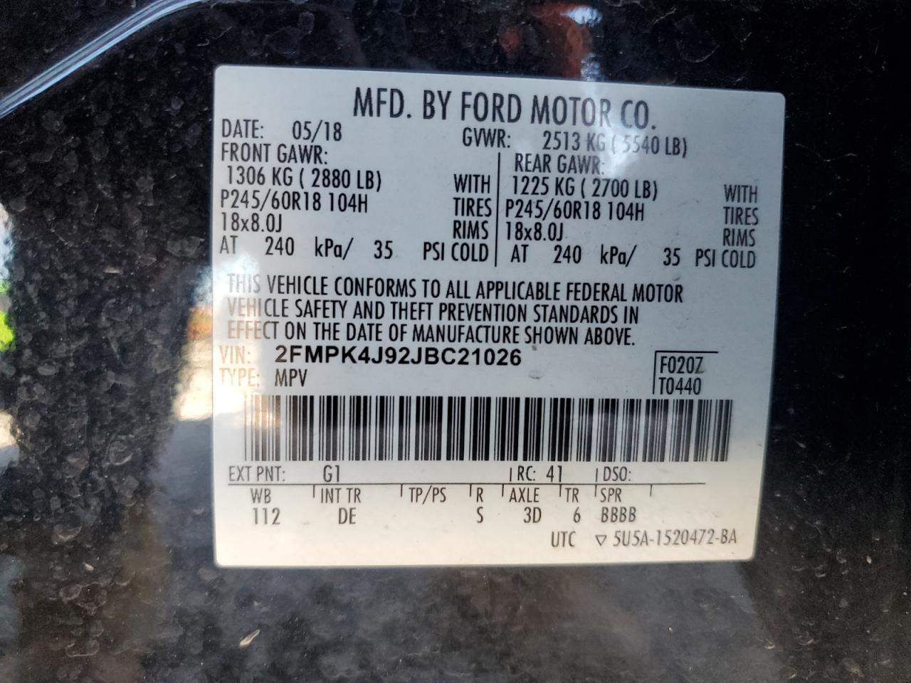 2018 Ford Edge Sel VIN: 2FMPK4J92JBC21026 Lot: 92357085