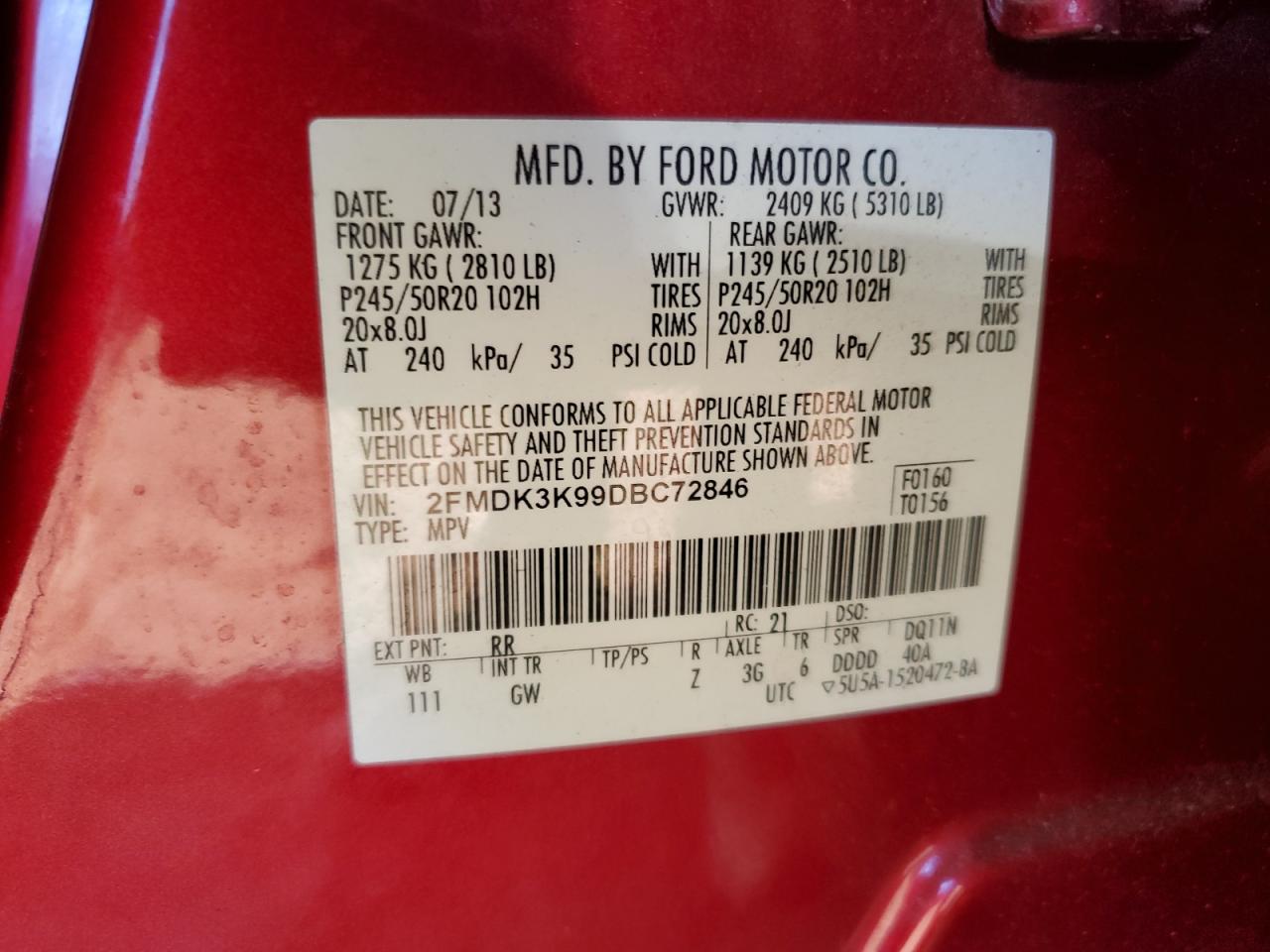 2013 Ford Edge Limited VIN: 2FMDK3K99DBC72846 Lot: 91853345