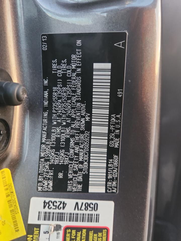 2013 Toyota Sienna Xle VIN: 5TDDK3DC7DS059292 Lot: 92671555