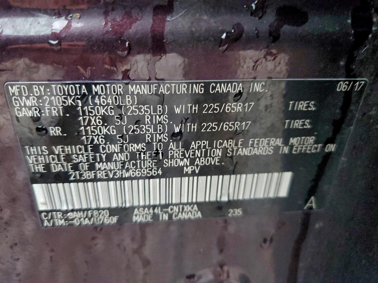 2017 Toyota Rav4 Le VIN: 2T3BFREV3HW669564 Lot: 94332895