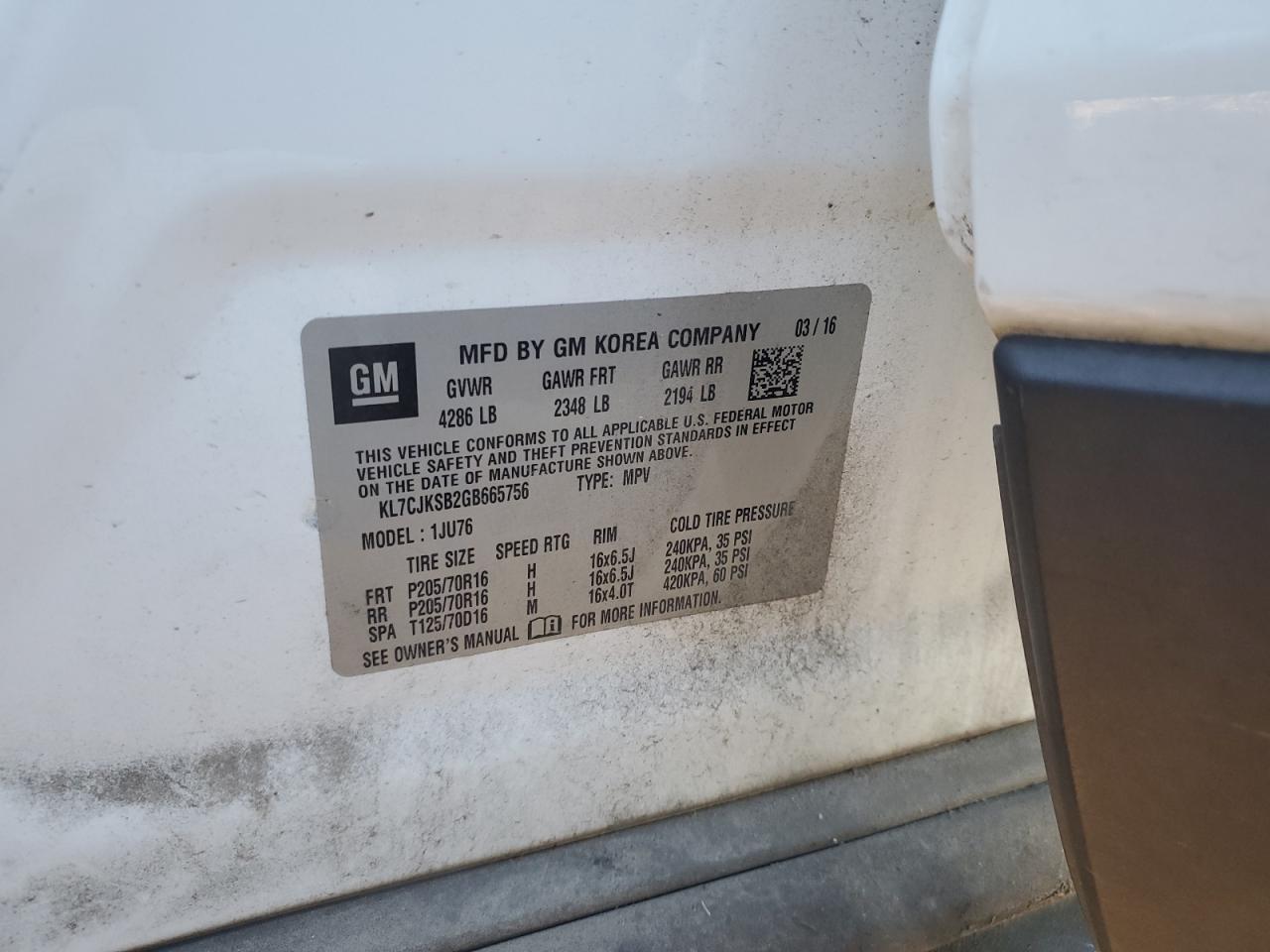 2016 Chevrolet Trax Ls VIN: KL7CJKSB2GB665756 Lot: 92527135