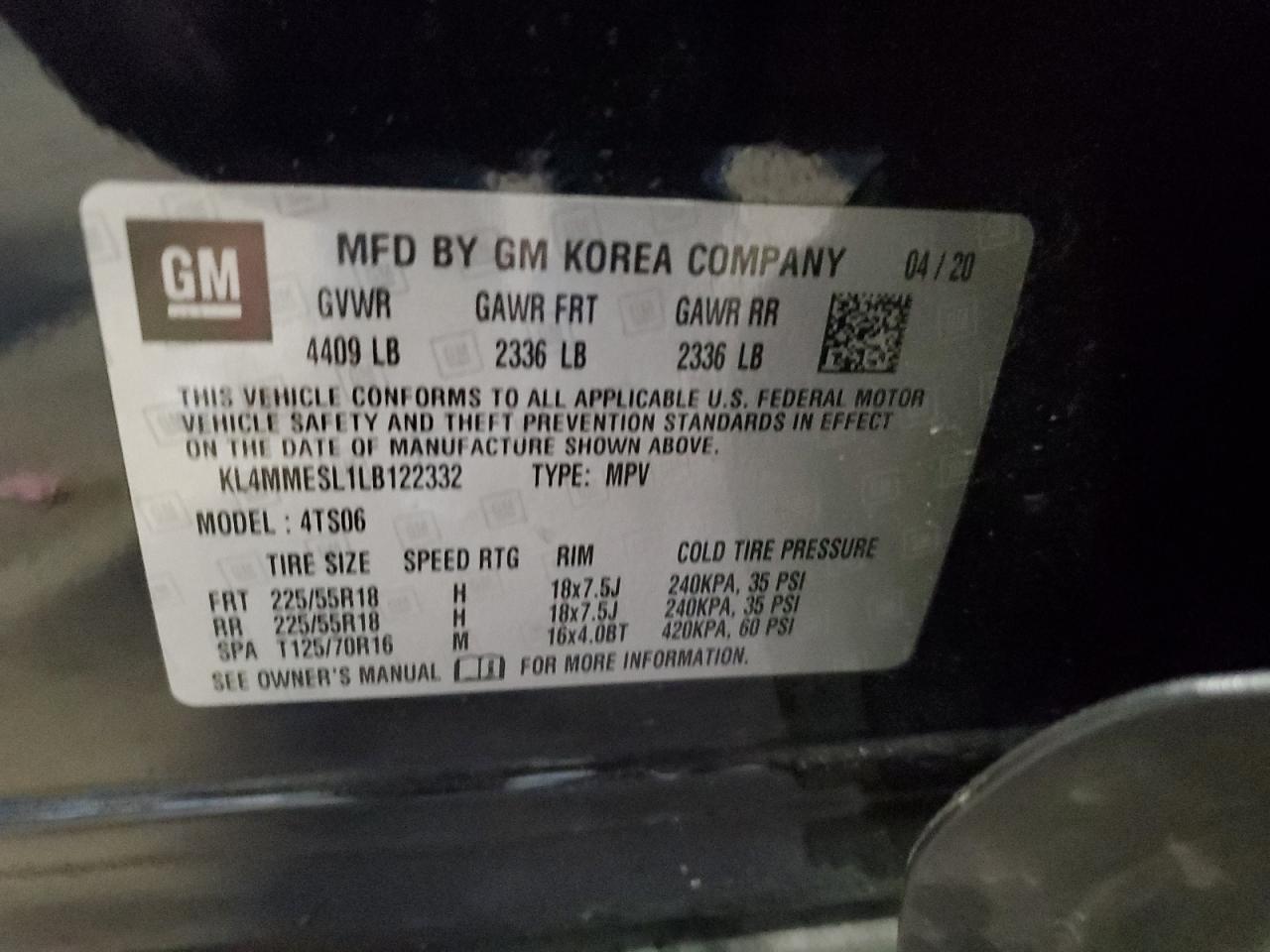 2020 Buick Encore Gx Select VIN: KL4MMESL1LB122332 Lot: 93398275