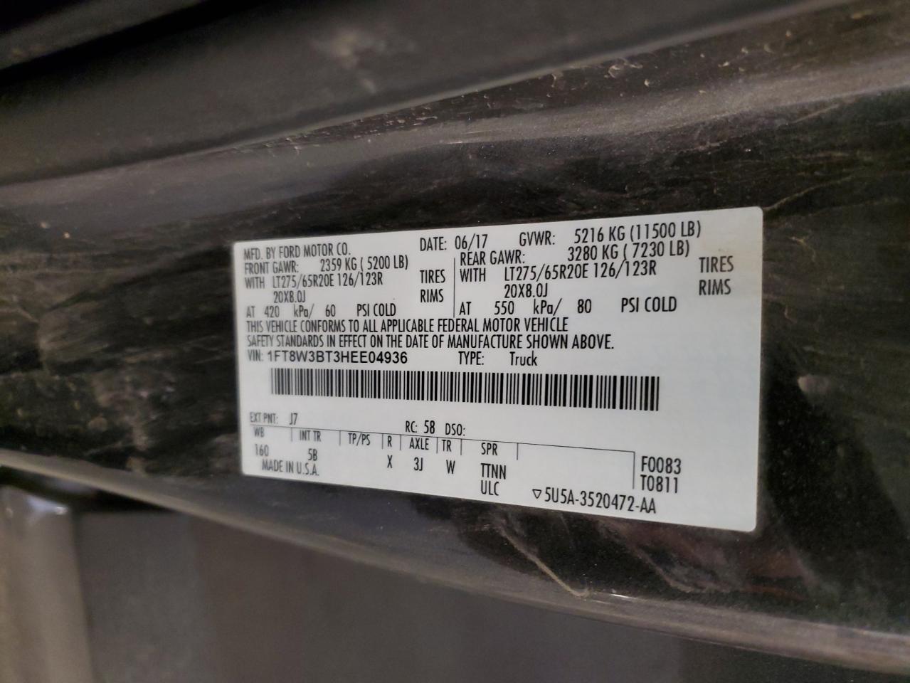 2017 Ford F350 Super Duty VIN: 1FT8W3BT3HEE04936 Lot: 93082085