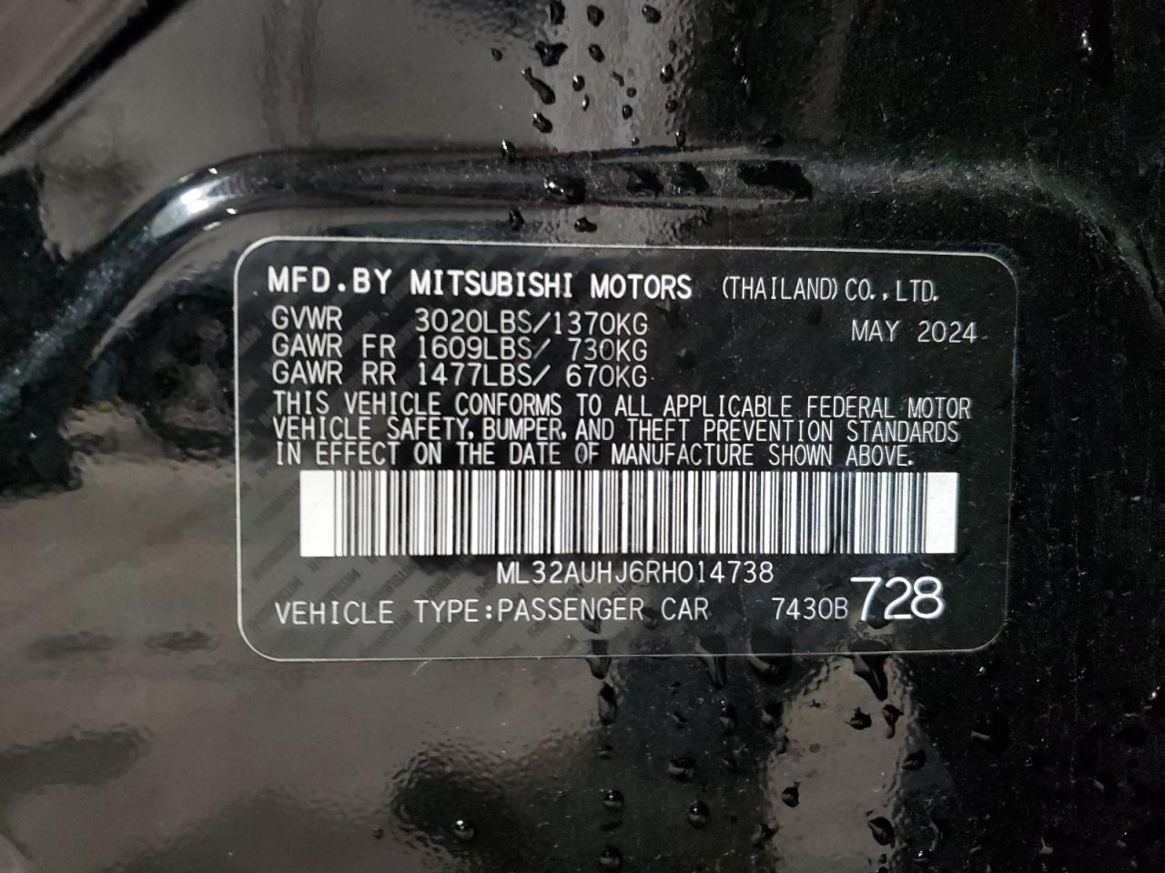 2024 Mitsubishi Mirage Es VIN: ML32AUHJ6RH014738 Lot: 92089425