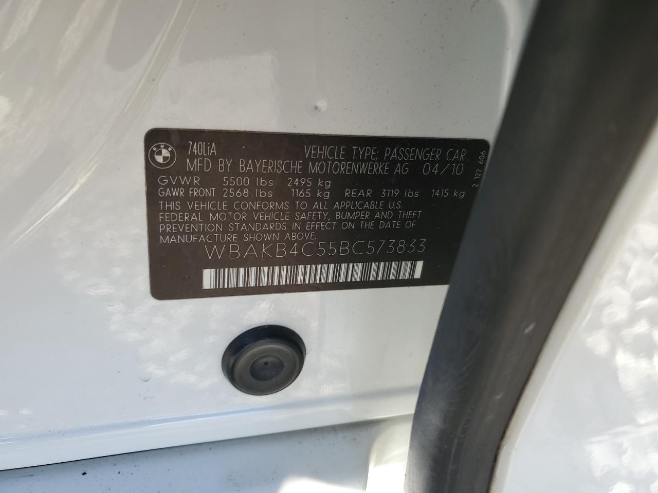 2011 BMW 740 Li VIN: WBAKB4C55BC573833 Lot: 91945175