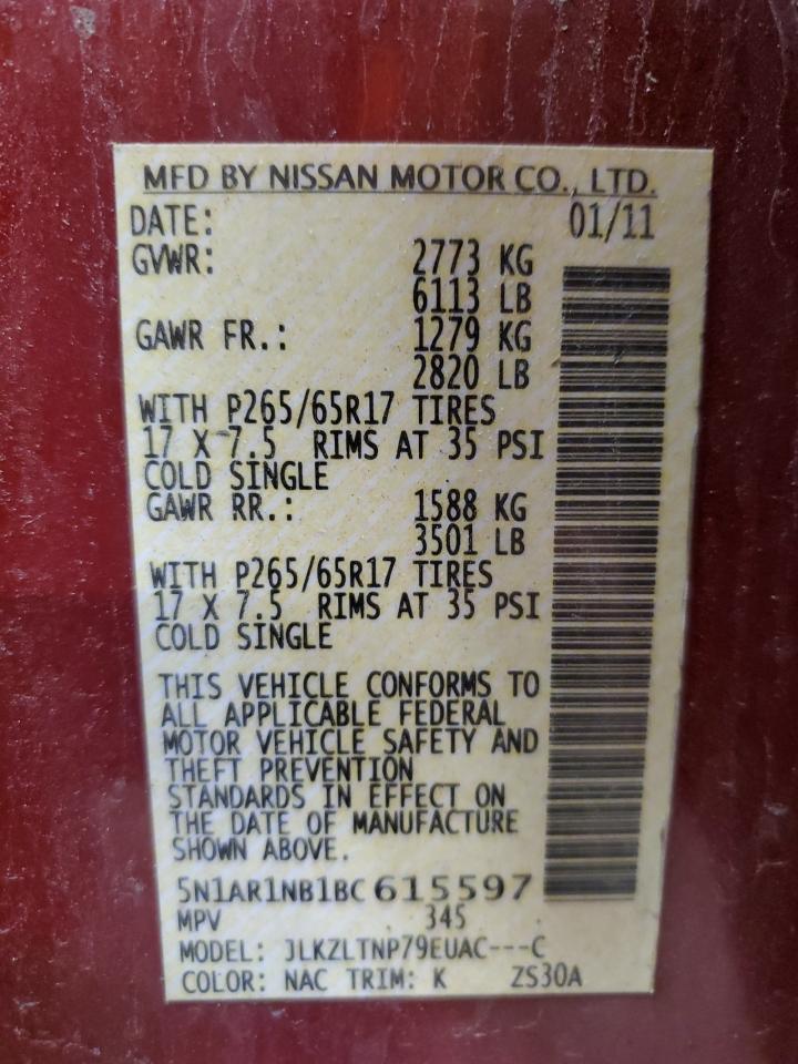 2011 Nissan Pathfinder S VIN: 5N1AR1NB1BC615597 Lot: 90840695