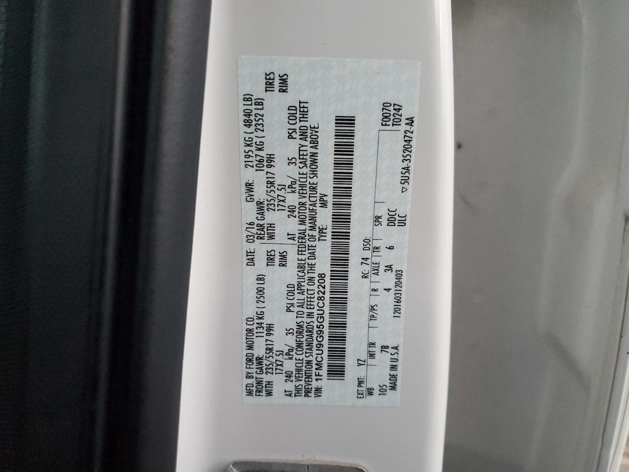 2016 Ford Escape Se VIN: 1FMCU9G95GUC82208 Lot: 93737975