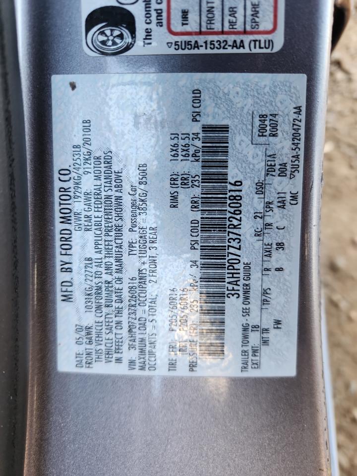 2007 Ford Fusion Se VIN: 3FAHP07Z37R260816 Lot: 92312995
