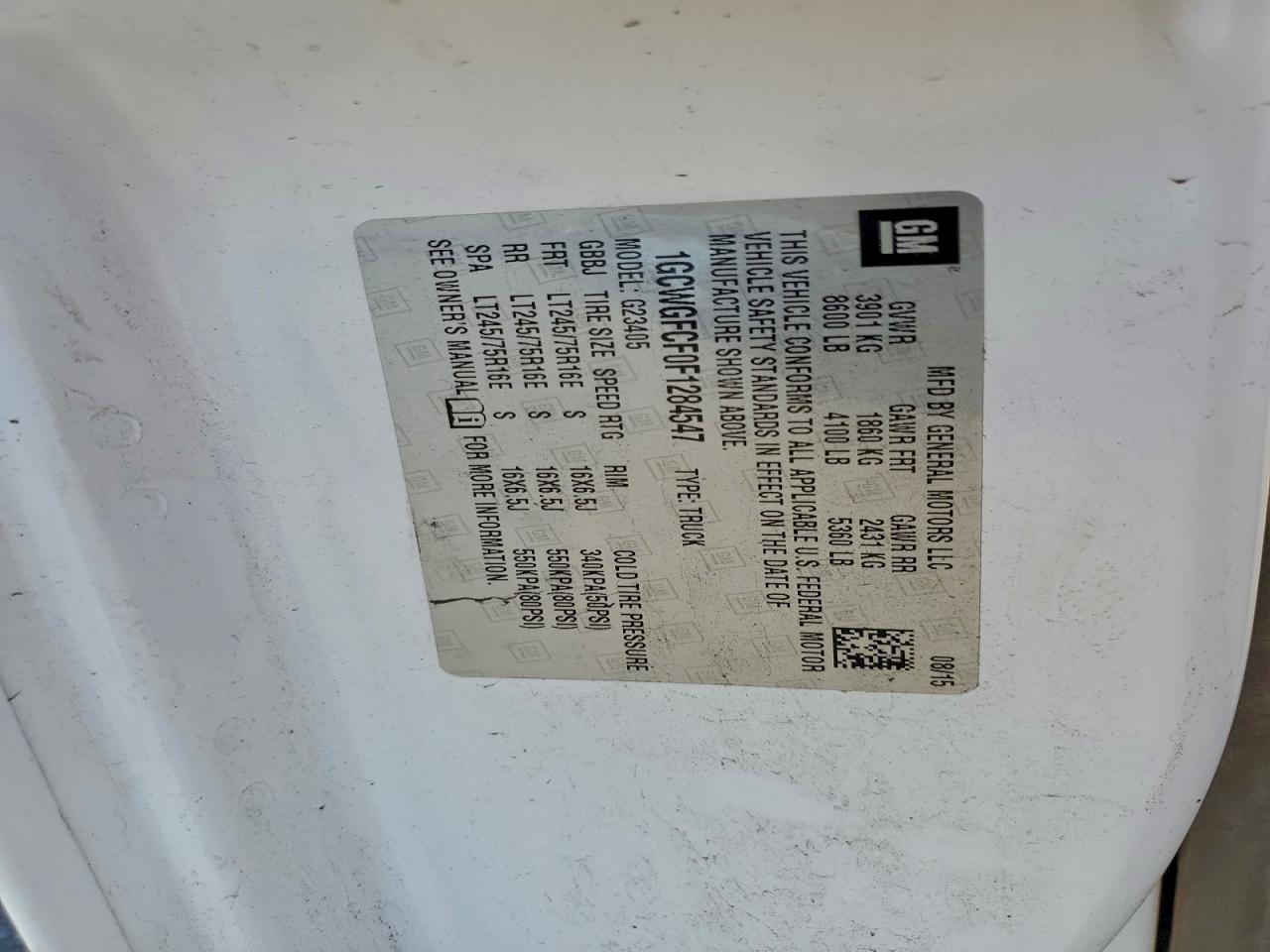 2015 Chevrolet Express G2500 VIN: 1GCWGFCF0F1284547 Lot: 94297545