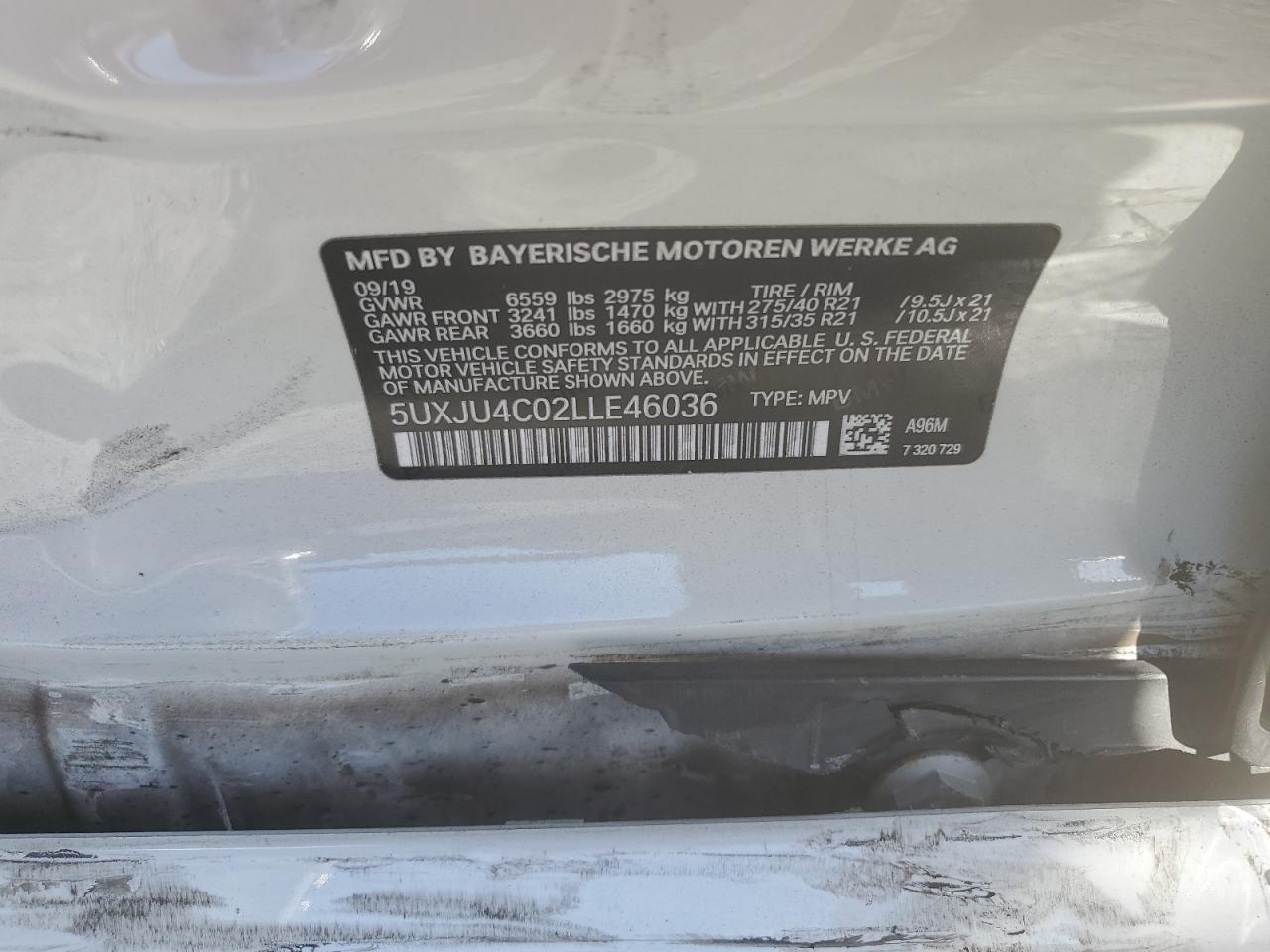 2020 BMW X5 M50I VIN: 5UXJU4C02LLE46036 Lot: 92521925