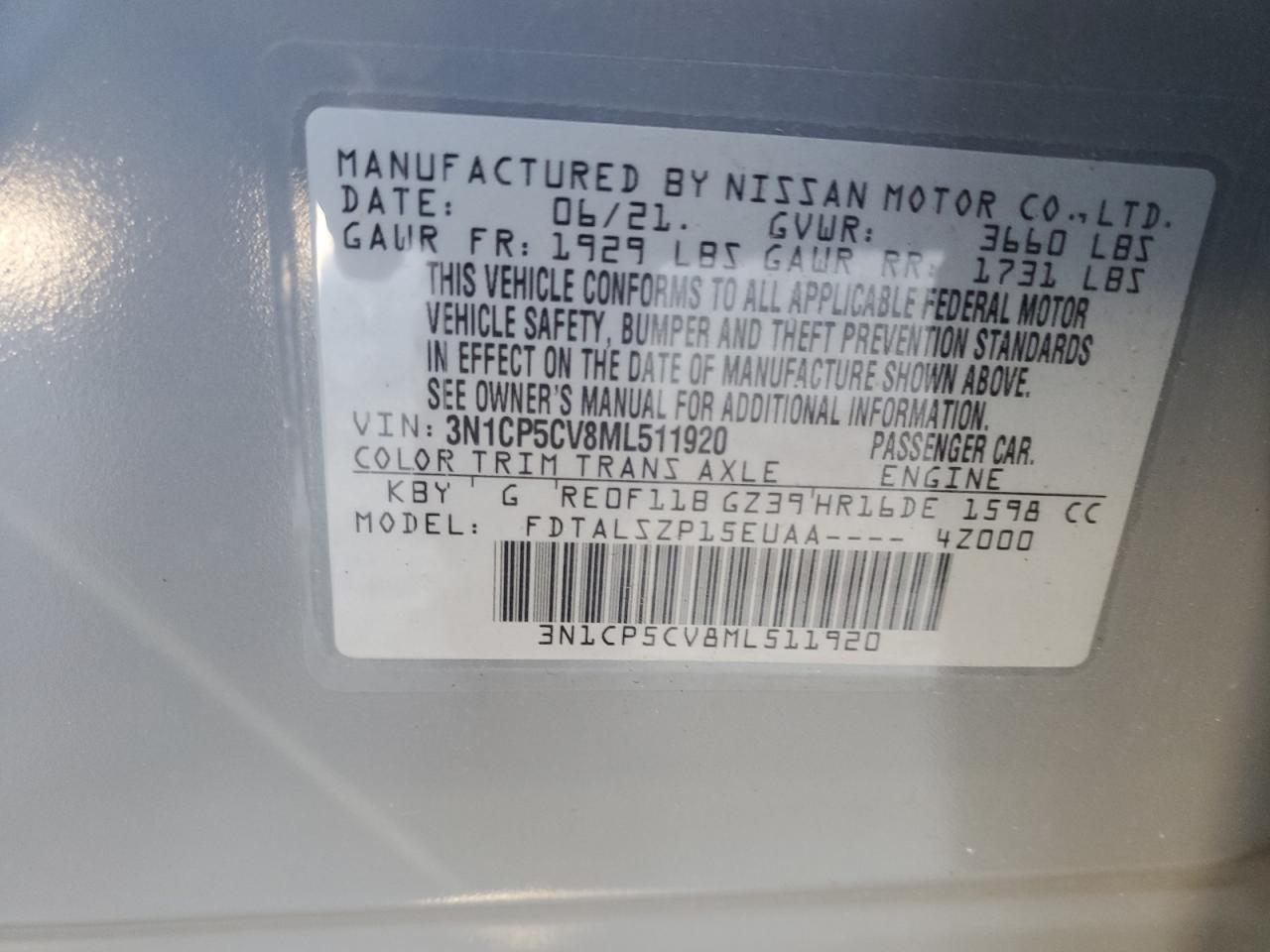 2021 Nissan Kicks Sv VIN: 3N1CP5CV8ML511920 Lot: 92948645