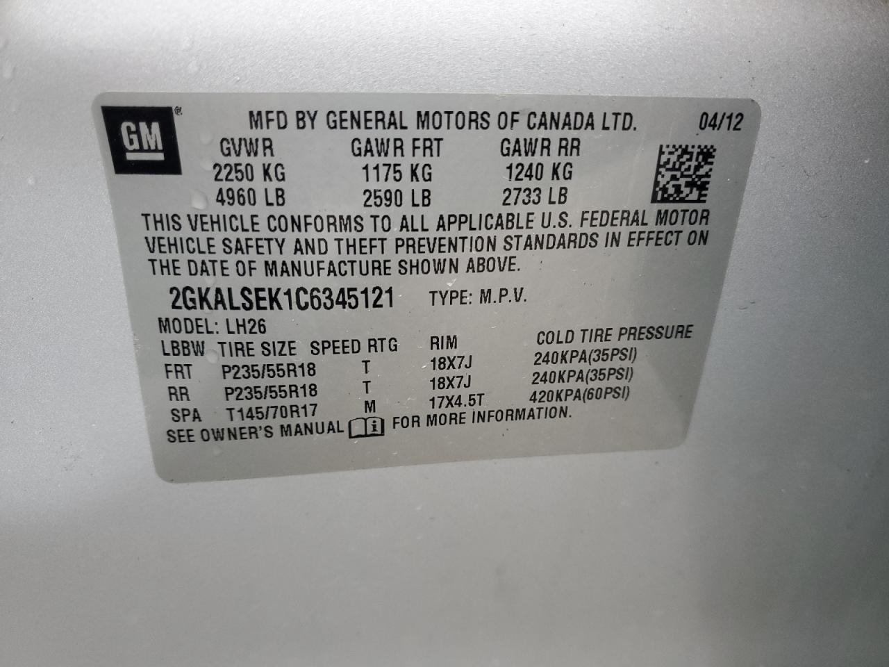 2012 GMC Terrain Sle VIN: 2GKALSEK1C6345121 Lot: 93566465