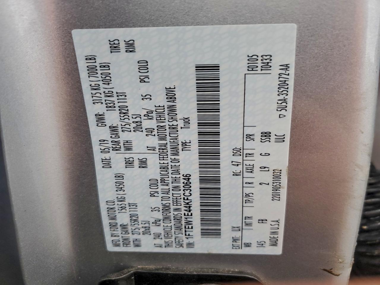 2019 Ford F150 Supercrew VIN: 1FTEW1E44KFC30646 Lot: 94534915