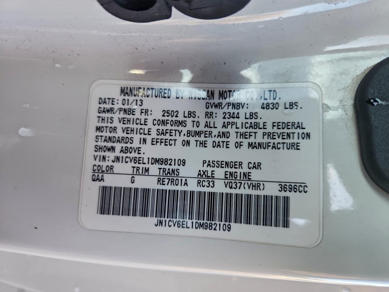 2013 Infiniti G37 VIN: JN1CV6EL1DM982109 Lot: 94544955