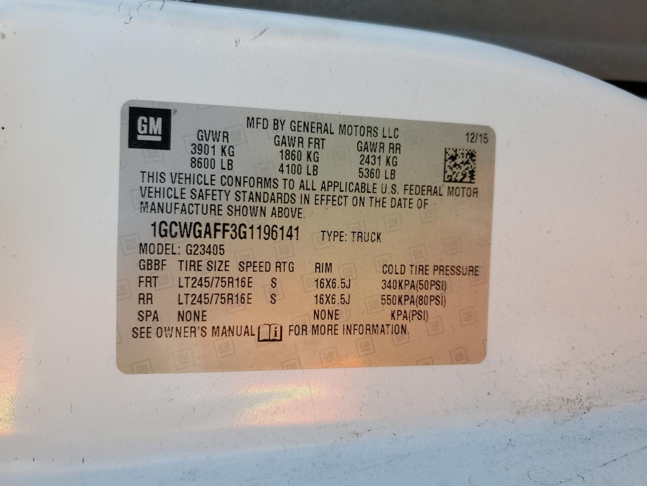 2016 Chevrolet Express 2500 Utility / Service Van VIN: 1GCWGAFF3G1196141 Lot: 91195985