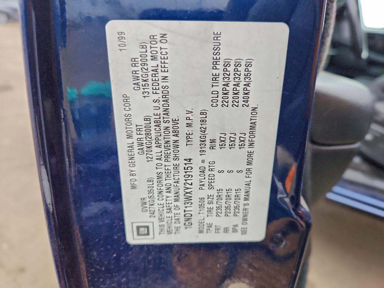 2000 Chevrolet Blazer VIN: 1GNDT13WXY2191514 Lot: 93420615