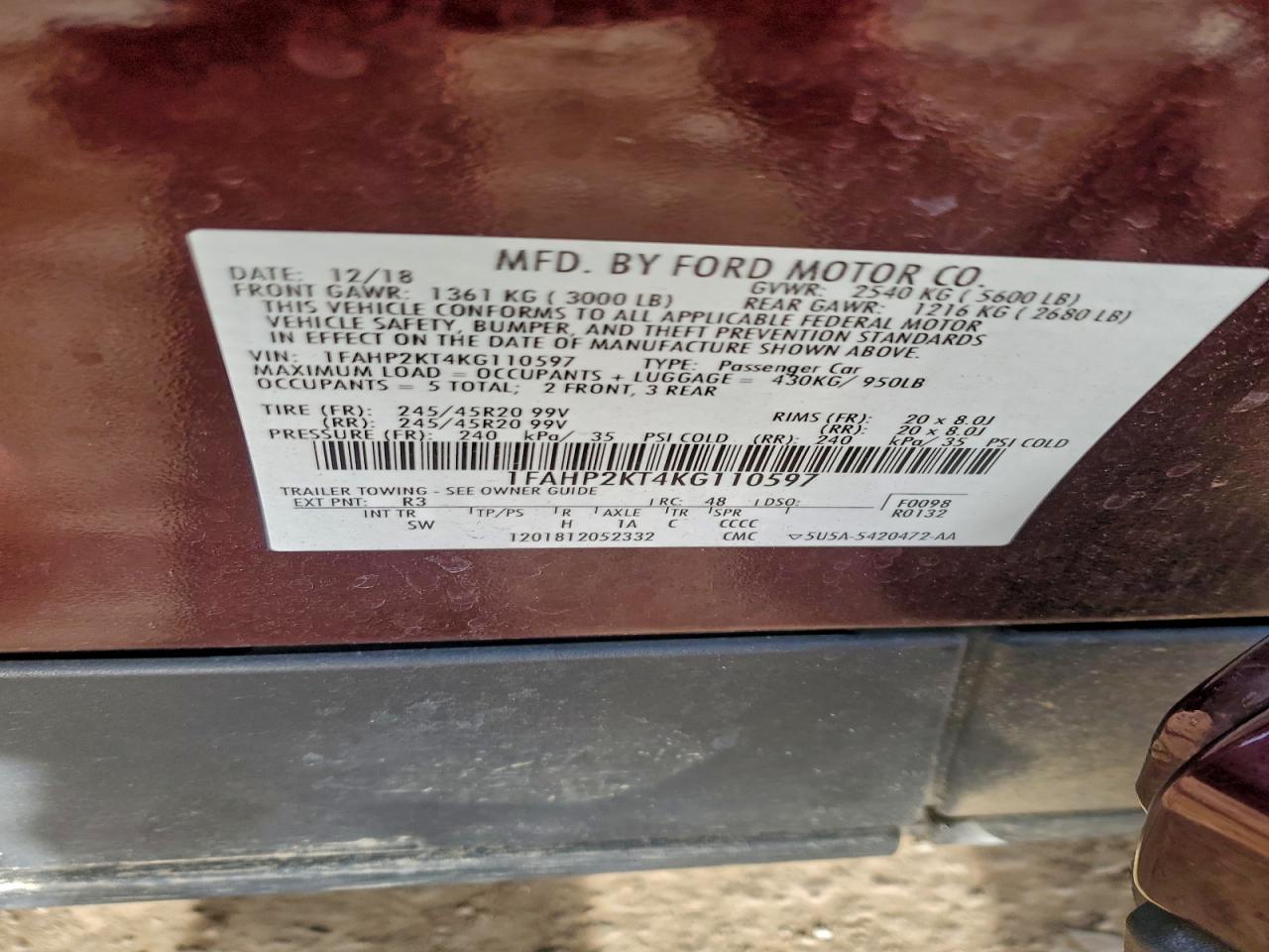 2019 Ford Taurus Sho VIN: 1FAHP2KT4KG110597 Lot: 94348875