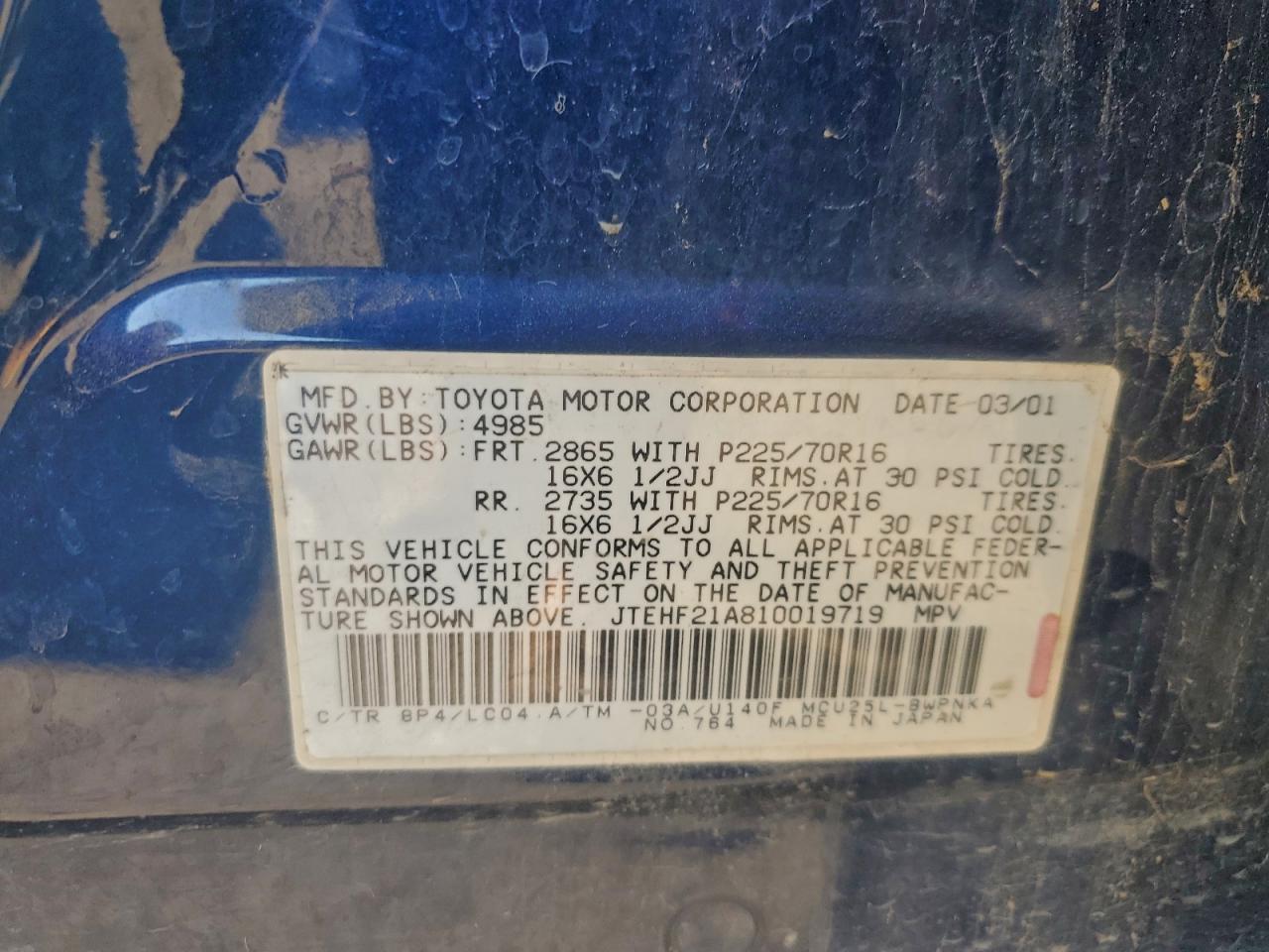 2001 Toyota Highlander VIN: JTEHF21A810019719 Lot: 93770115