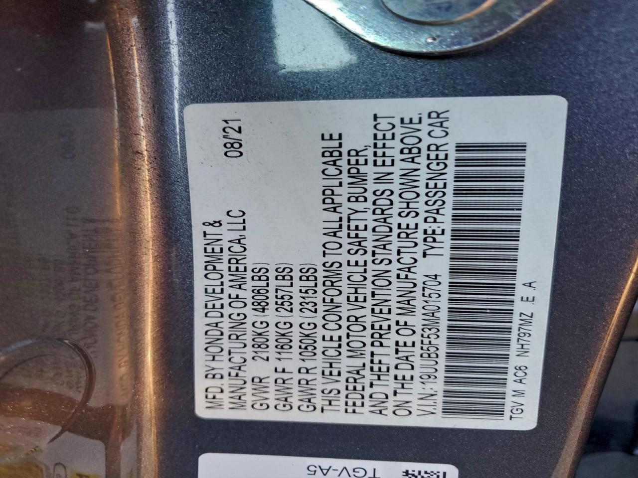 2021 Acura Tlx Tech A VIN: 19UUB5F53MA015704 Lot: 94556185