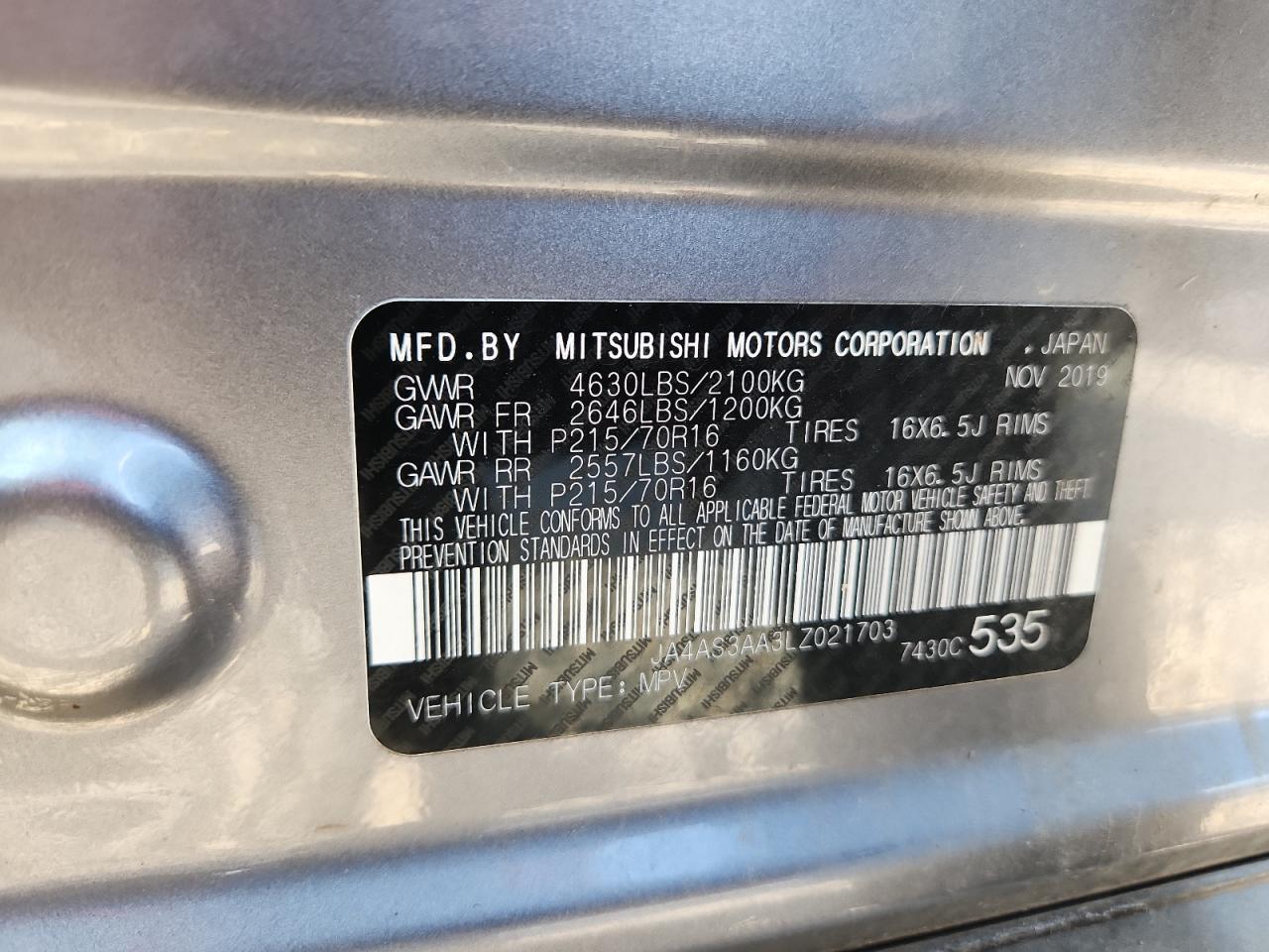 2020 Mitsubishi Eclipse Cross Es VIN: JA4AS3AA3LZ021703 Lot: 92726755