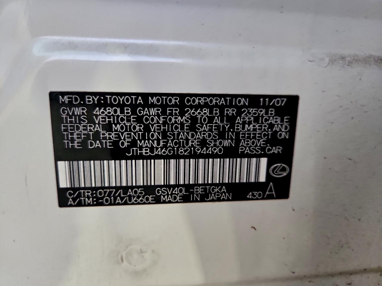 2008 Lexus Es 350 VIN: JTHBJ46G182194490 Lot: 93253925