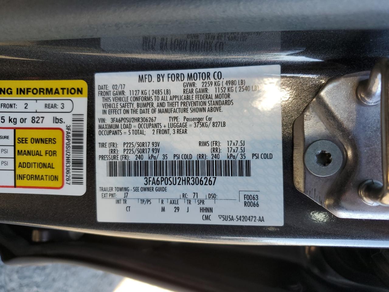 2017 Ford Fusion Titanium Phev VIN: 3FA6P0SU2HR306267 Lot: 91977645