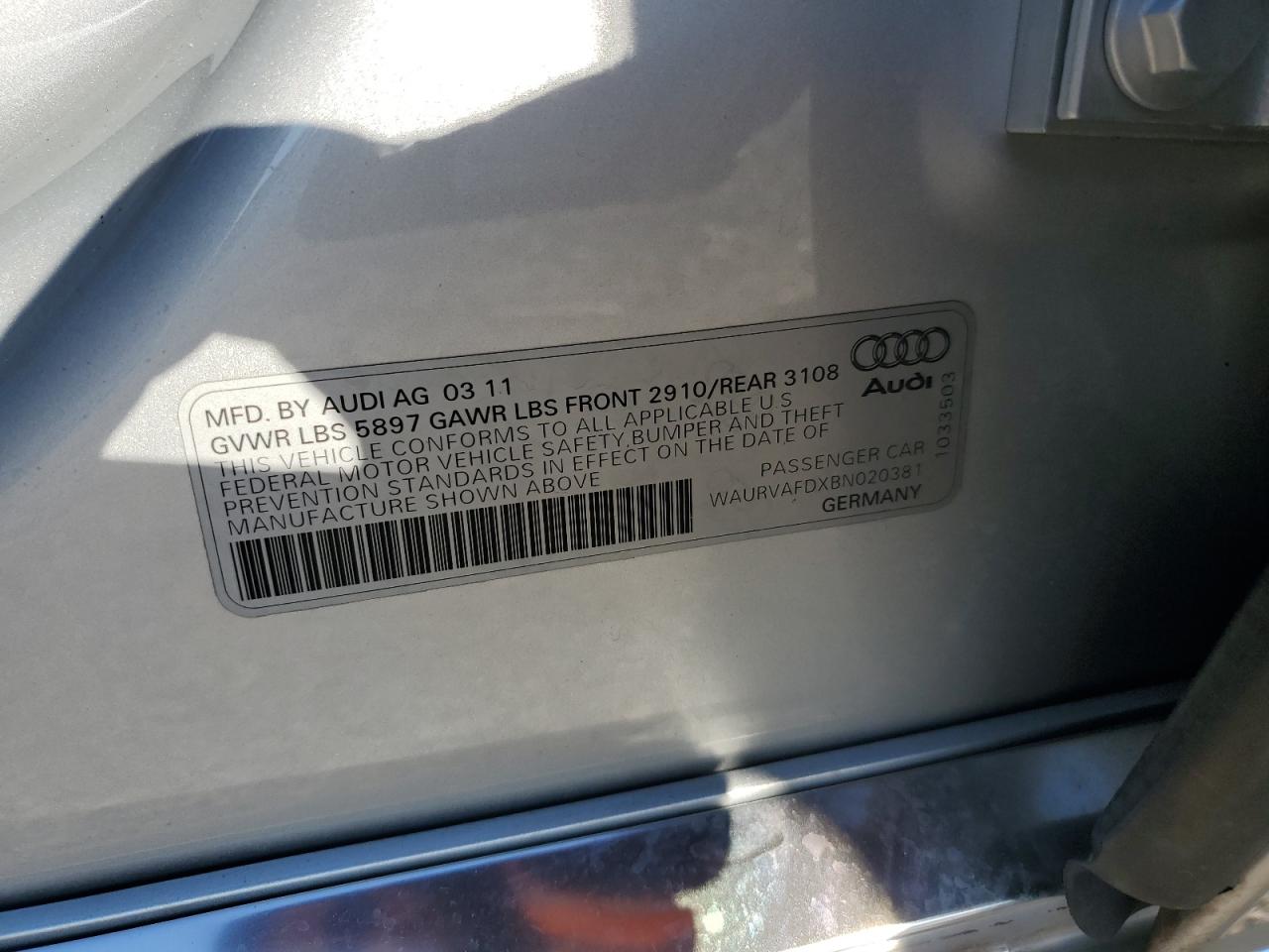 2011 Audi A8 L Quattro VIN: WAURVAFDXBN020381 Lot: 91370235