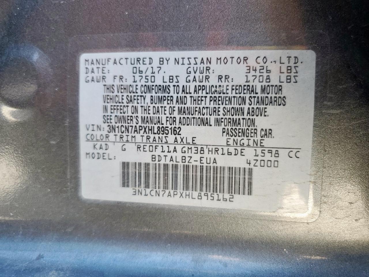 2017 Nissan Versa S VIN: 3N1CN7APXHL895162 Lot: 92881875