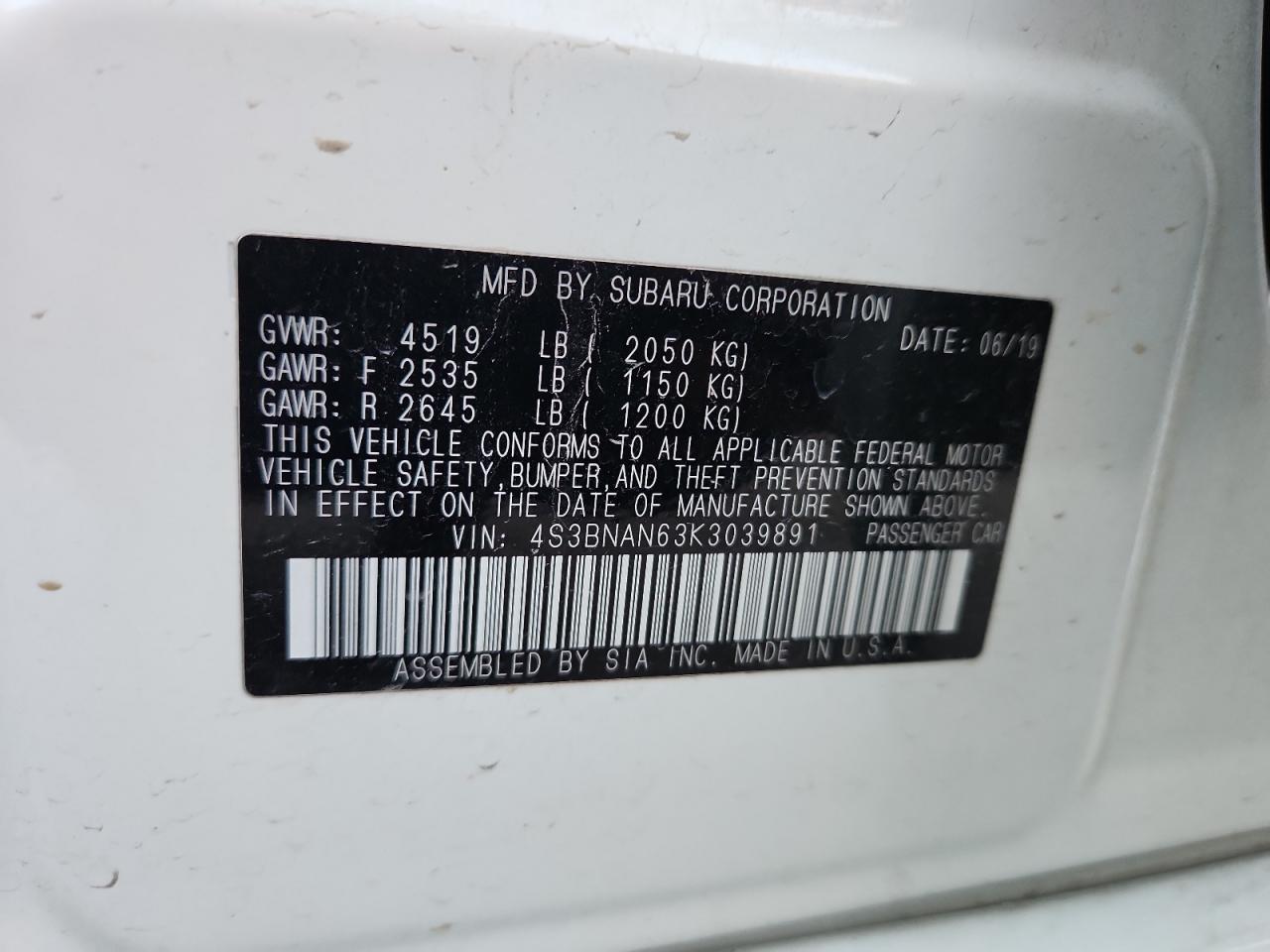 2019 Subaru Legacy 2.5I Limited VIN: 4S3BNAN63K3039891 Lot: 91433255