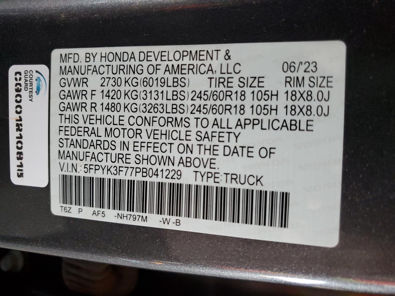 2023 Honda Ridgeline Rtl-E VIN: 5FPYK3F77PB041229 Lot: 93301125