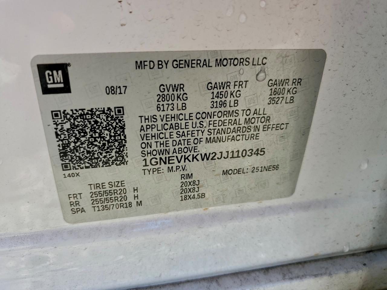 2018 Chevrolet Traverse High Country VIN: 1GNEVKKW2JJ110345 Lot: 93333775